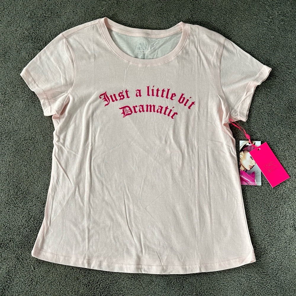 NWT ‘Just A Little Bit Dramatic’ Paris Hilton Pink Shirt Y2K McBling Mean Girls